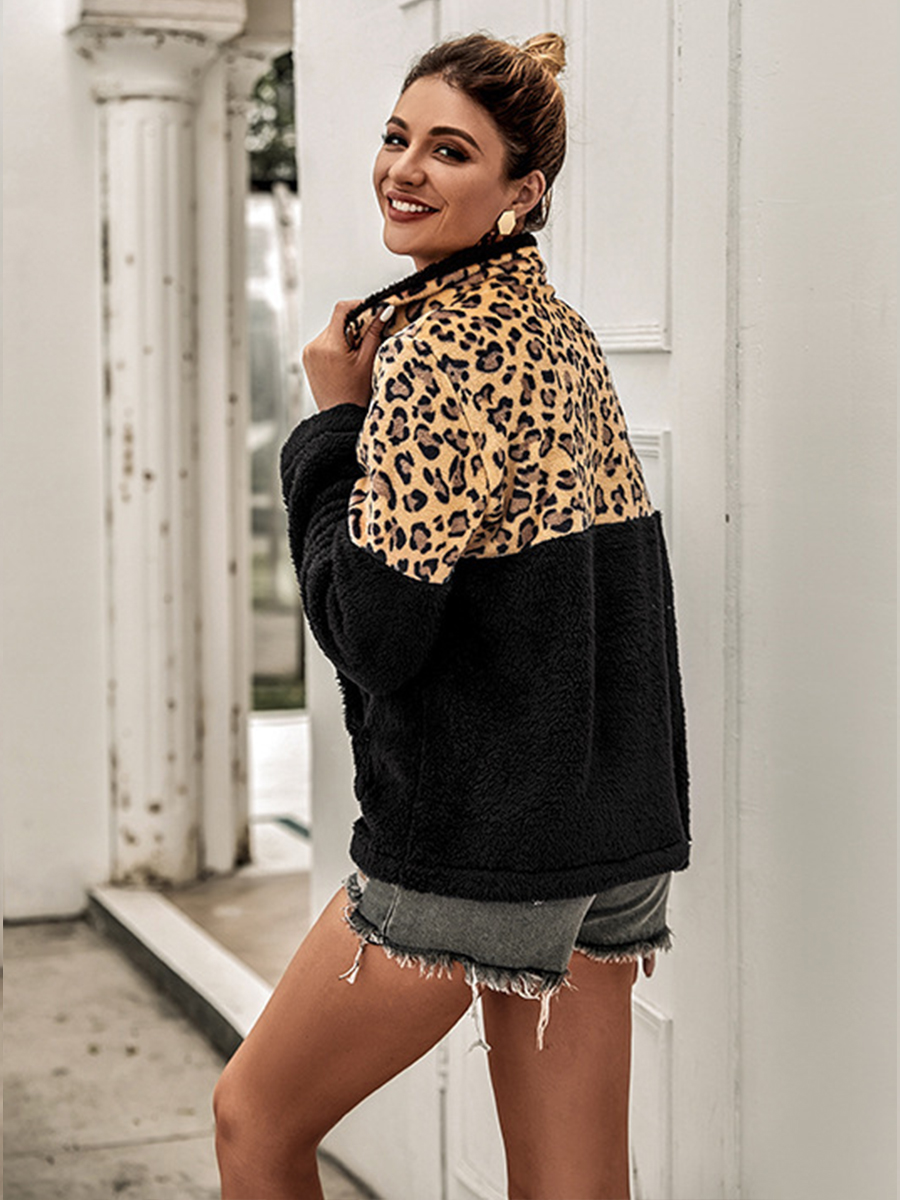 Long-Sleeved Leopard Pattern Stitching Half-Zipper Sweatershirt NSXIA83632