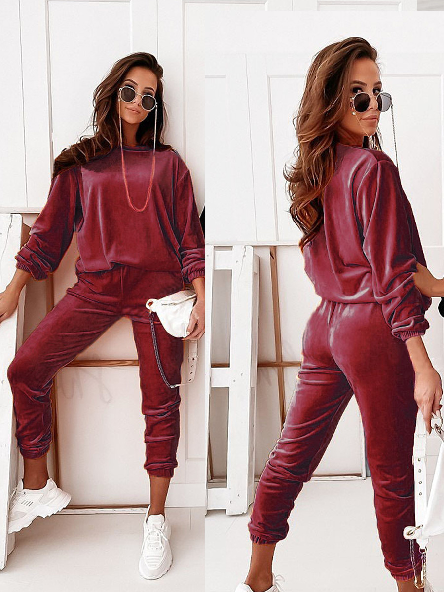 Solid Color Gold Velvet Round Neck Long-Sleeved Sweatershirt & Trousers 2 Piece Set NSXIA84351