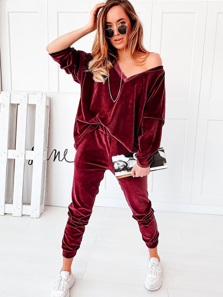 pure color gold velvet V-neck long-sleeved top and pants casual suit nihaostyles wholesale clothing NSXIA84350