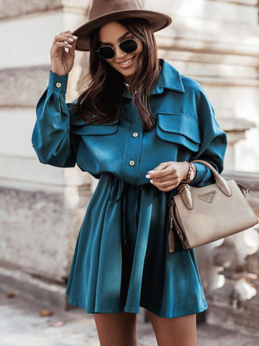 long-sleeved lapel solid color receiving waist shirt dress nihaostyles wholesale clothing NSXIA85132