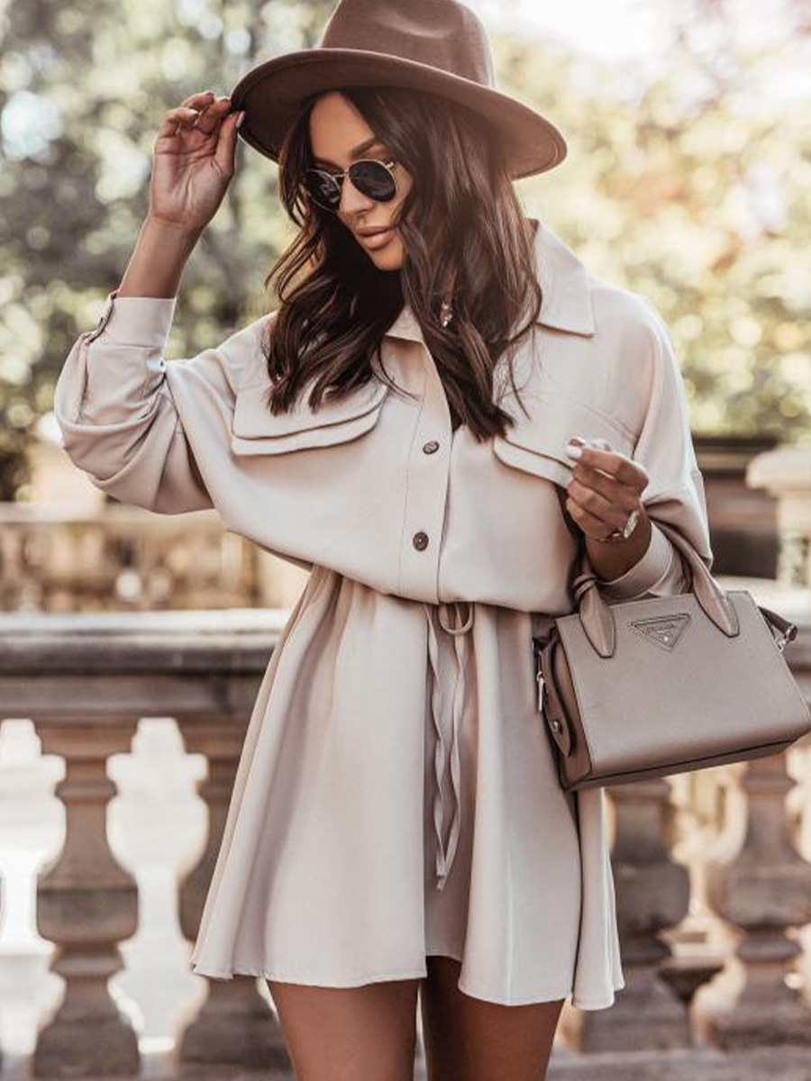long-sleeved lapel solid color receiving waist shirt dress nihaostyles wholesale clothing NSXIA85132