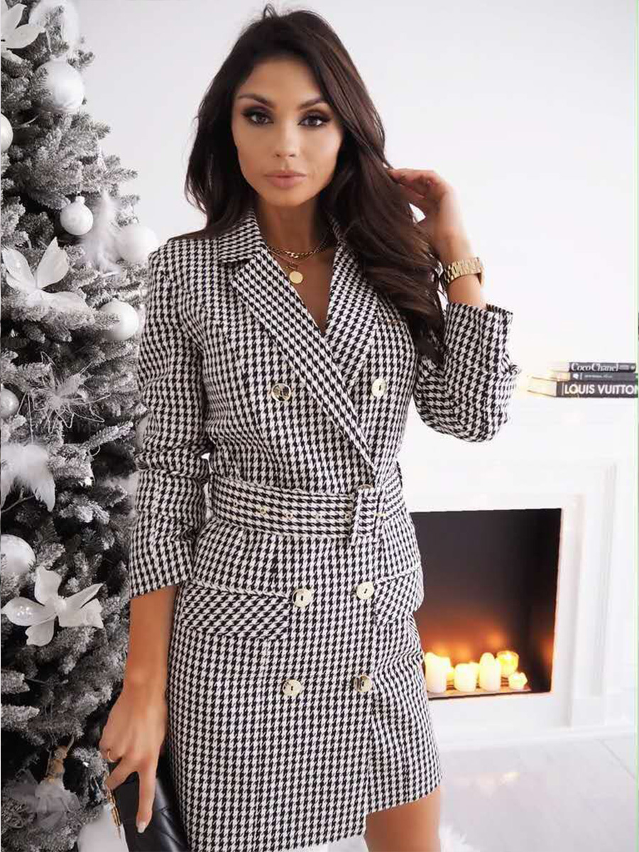 V-Neck Long-Sleeved Plaid Double-Breasted Belted Suit Dress NSXIA85073