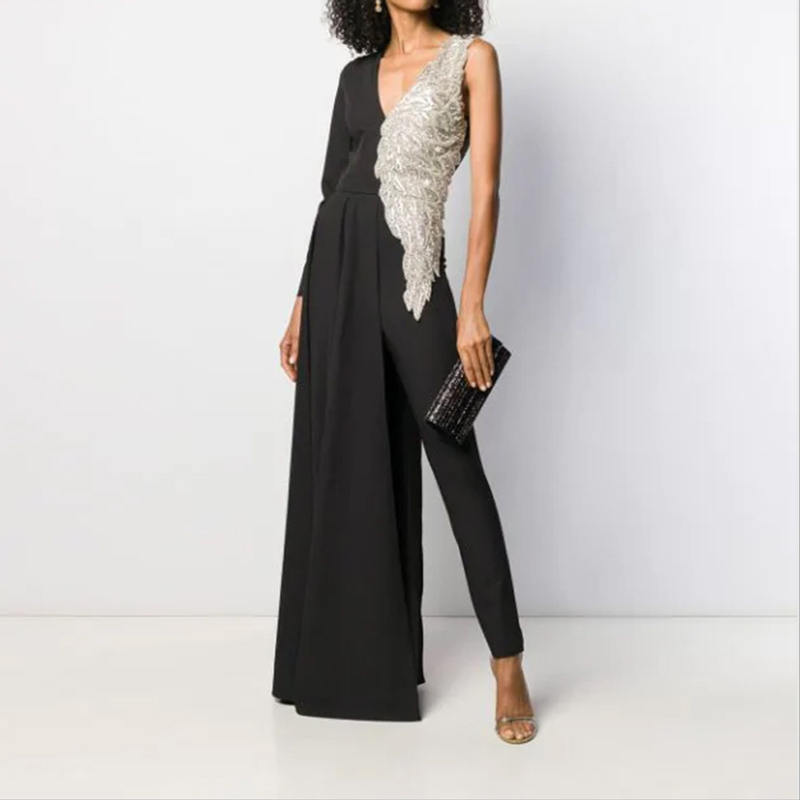 Sexy Deep V Long-Sleeved Sequined Stitching Asymmetrical Jumpsuit NSYIS85125