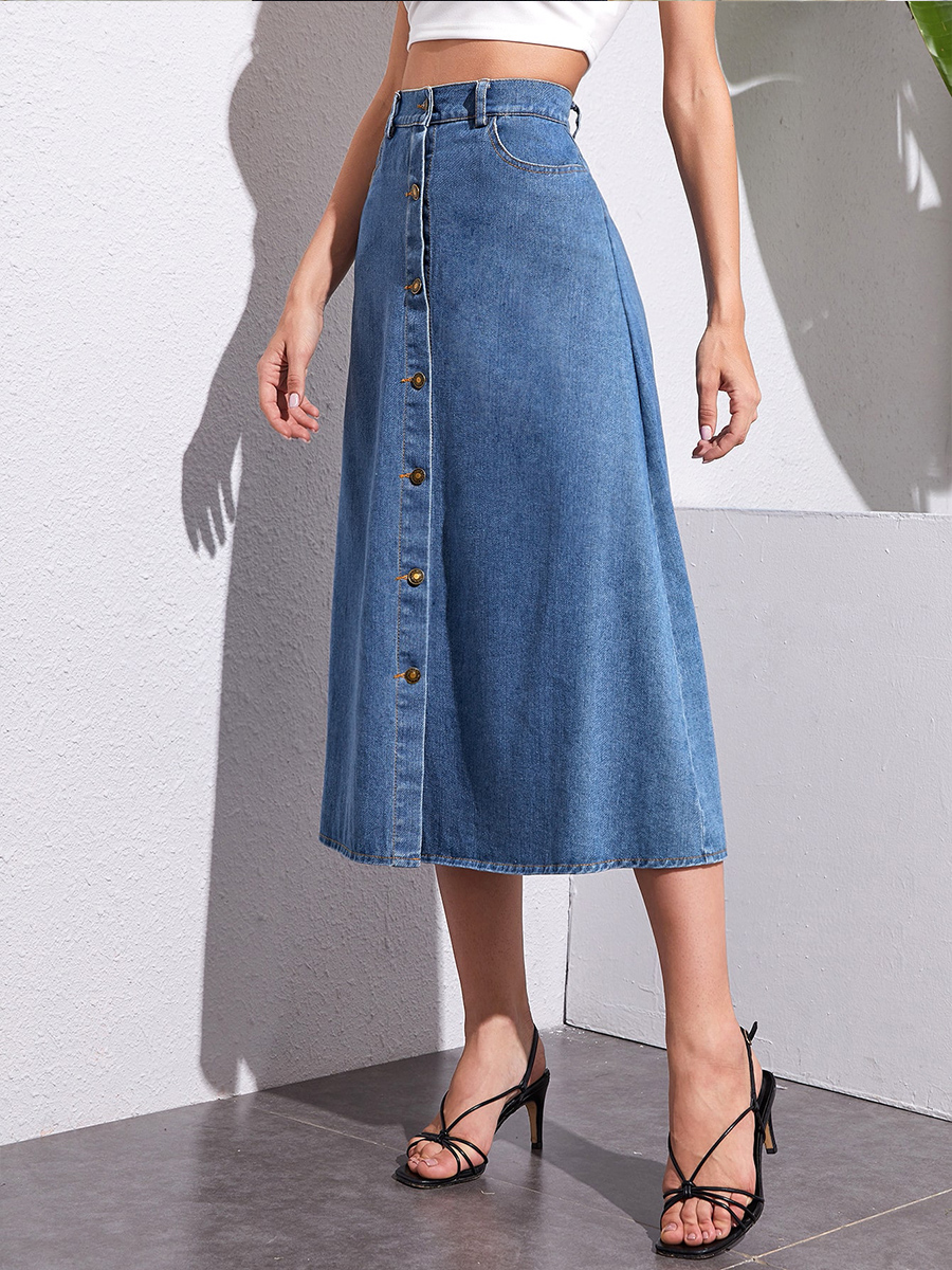 single-breasted washed blue high waist denim skirt nihaostyles wholesale clothing NSXIA85118