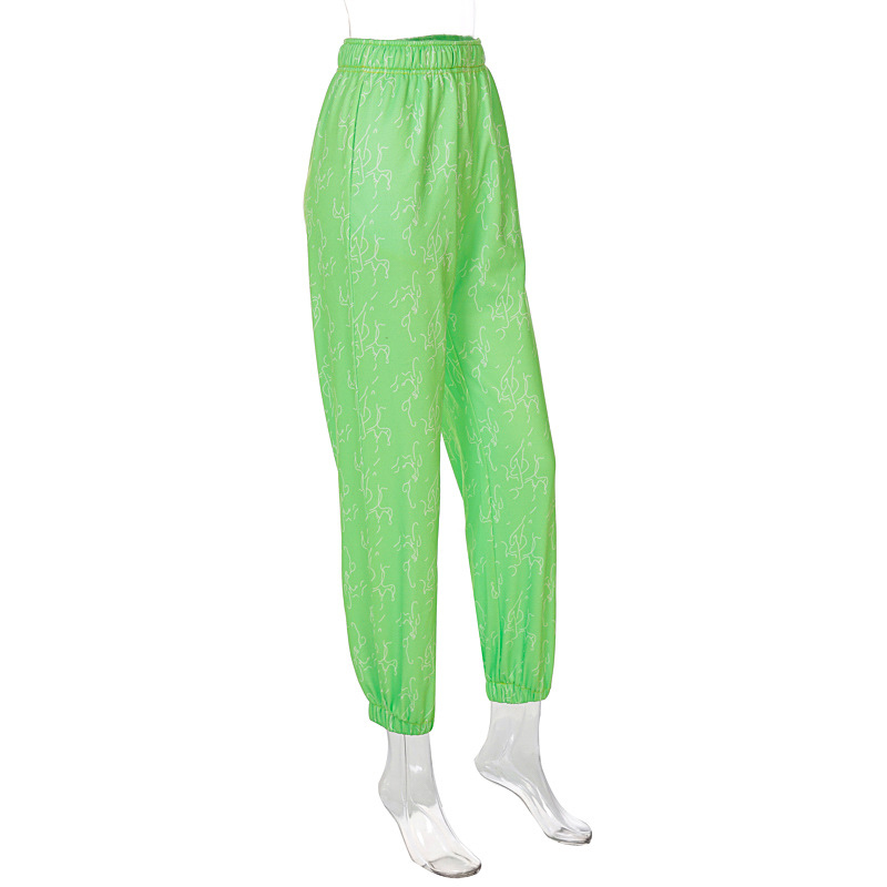 Printing Fluorescent Green Casual Tied Foot Pants NSYID85063