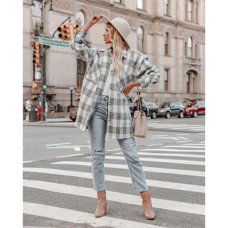 autumn and winter long-sleeved lapel plaid woolen coat nihaostyles wholesale clothing NSXIA87928
