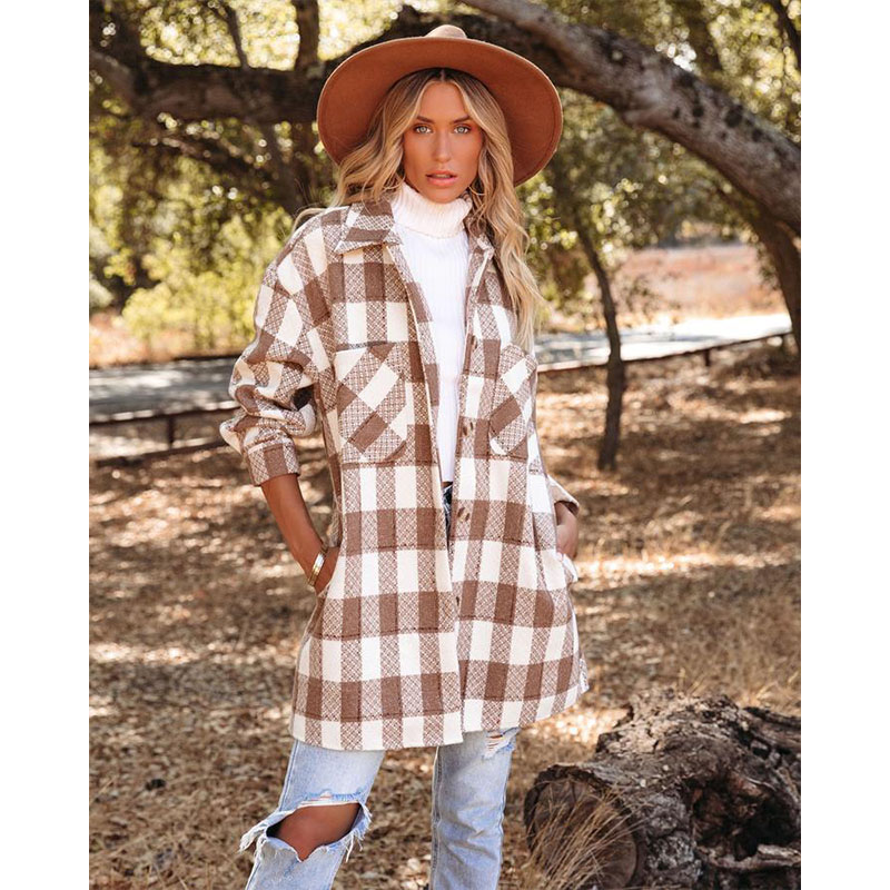 autumn and winter long-sleeved lapel plaid woolen coat nihaostyles wholesale clothing NSXIA87928