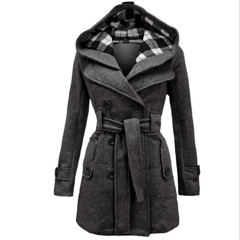 Checkered Hooded Belt Double-Breasted Long Jacket NSXIA87400
