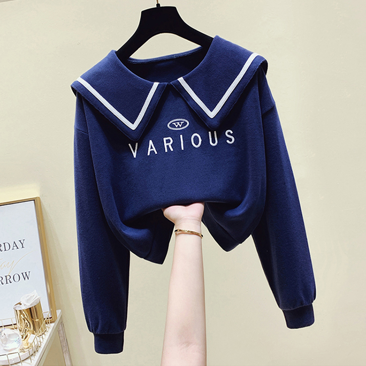 Loose Short Navy Collar Letter Print Long-Sleeved Top NSXIA83550