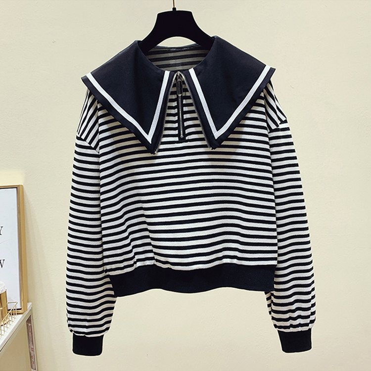 Autumn and winter navy collar striped stitching long-sleeved top nihaostyles wholesale clothing NSXIA83549