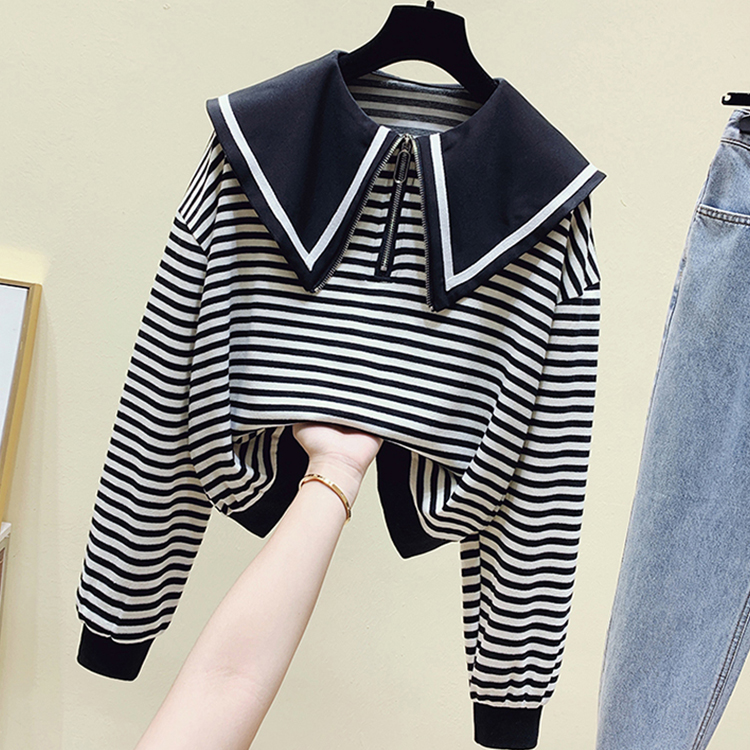 Autumn and winter navy collar striped stitching long-sleeved top nihaostyles wholesale clothing NSXIA83549