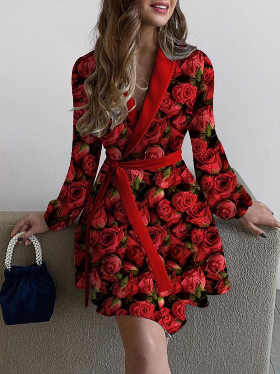 v-neck Rose Print lace-up Long Sleeve Dress nihaostyles wholesale clothing NSXIA83587
