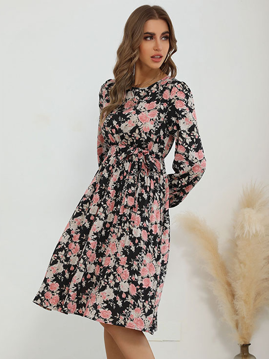 round neck long-sleeved pleated floral dress nihaostyles wholesale clothing NSXIA83572