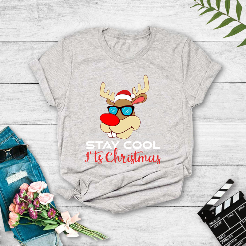 Christmas Elk Letters Printed Short-Sleeved T-Shirt NSYAY83629