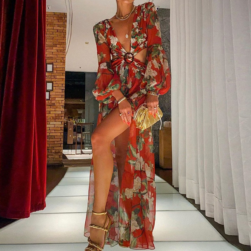 Sexy Long-Sleeved V-Neck Hollow Backless Printed Dress NSXIA93490