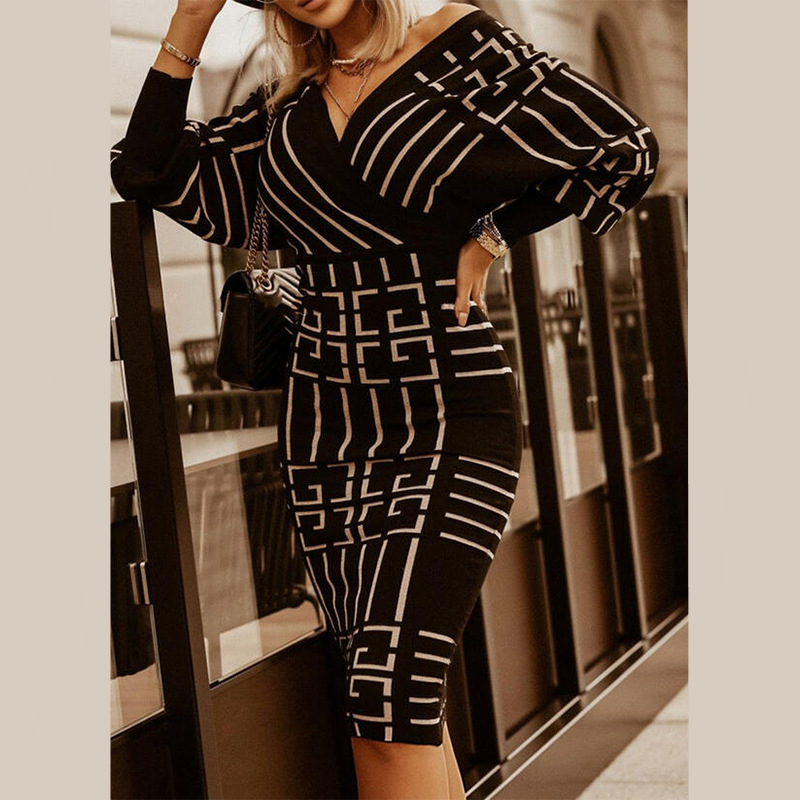 Striped V-neck long-sleeved high-waisted dress nihaostyles wholesale clothes NSJC91940