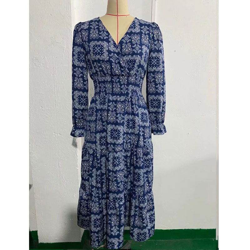 V-Neck Long-Sleeved Print Slim Dress NSSUO95813