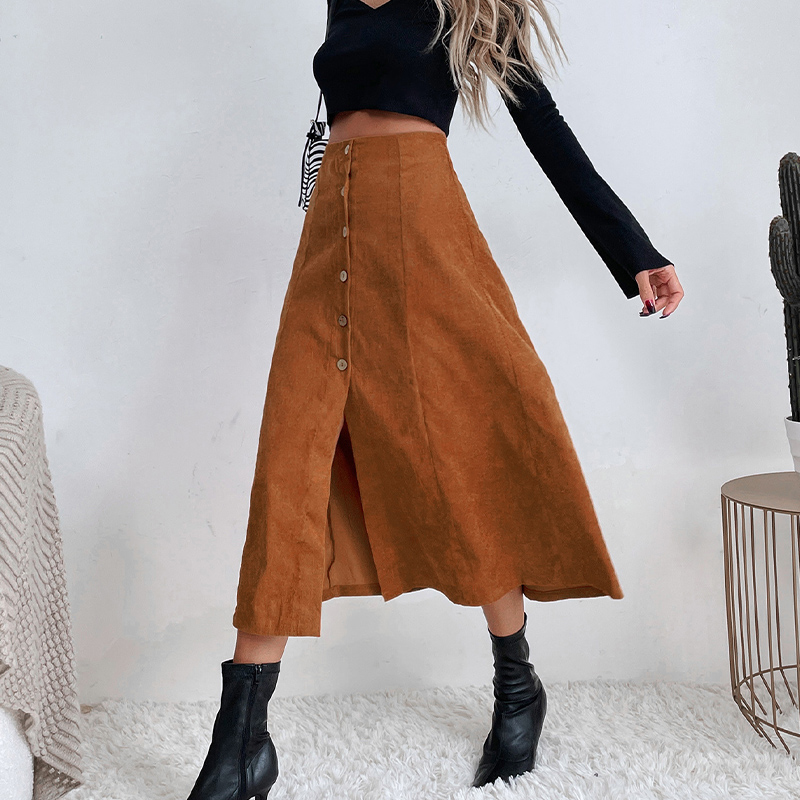 Brown High-Waist Straight A-Line Slit Woolen Skirt NSXIA100963