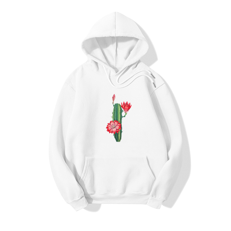 Hooded Cactus Plant Print Long-Sleeved Fleece Sweatshirt NSYAY100959
