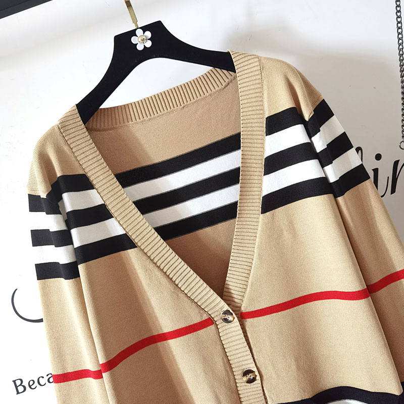 Mid-Length V-Neck Striped Knitted Cardigan NSSUO99158