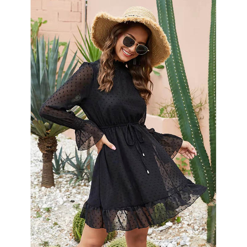 jacquard stand-up collar lace ruffled dress nihaostyles wholesale clothes NSXIA90169