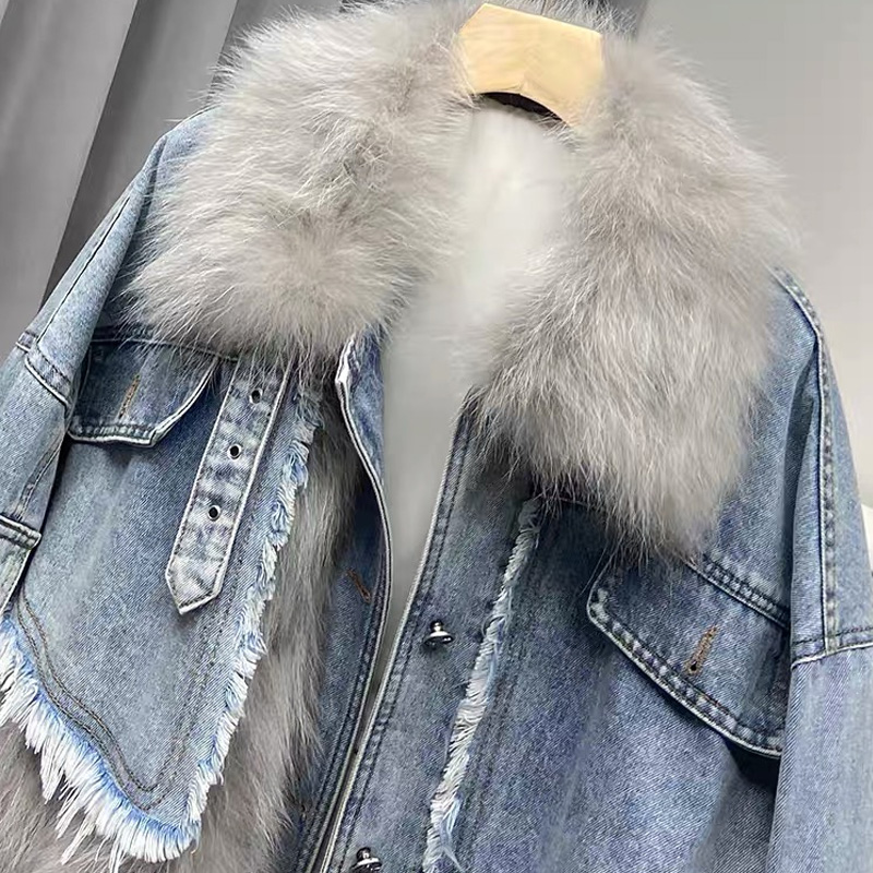 Fur Stitching Long-Sleeved Denim Coat NSYIS104367