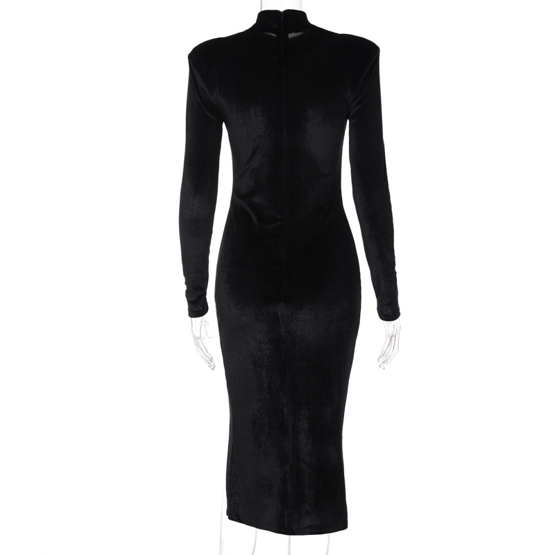 Black Long-Sleeved Stand-Up Collar Stitching Velvet Slit Dress NSYID104915