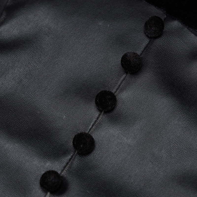 Vestido negro de manga larga con cuello alto y costuras de terciopelo con abertura NSYID104915