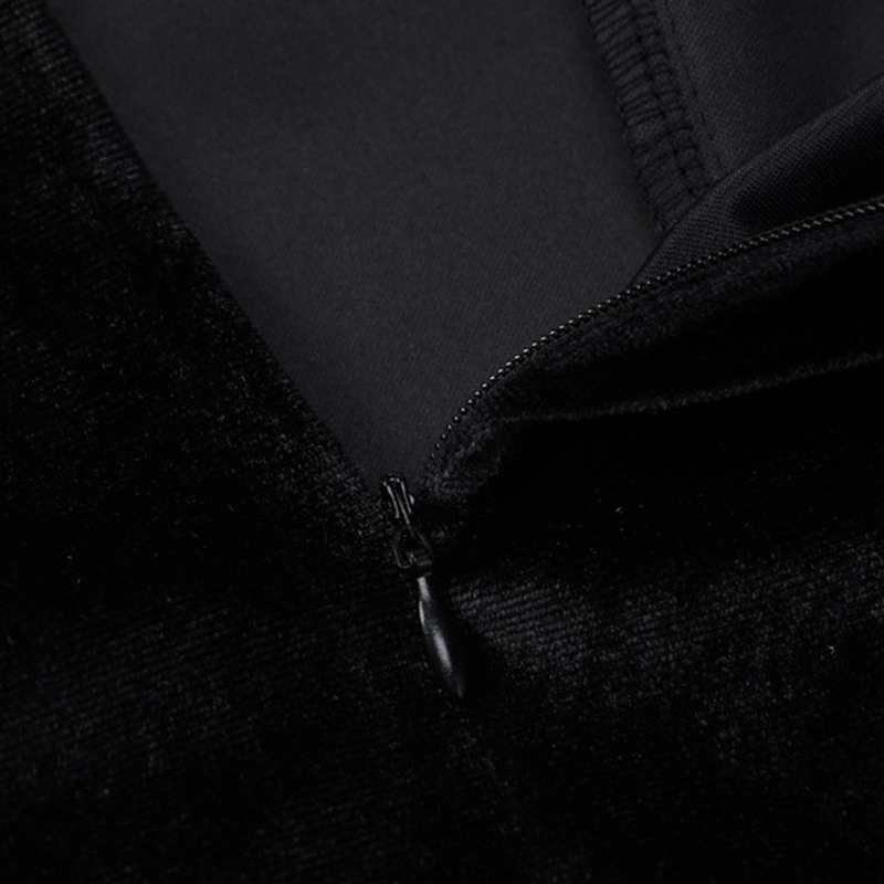 Black Long-Sleeved Stand-Up Collar Stitching Velvet Slit Dress NSYID104915