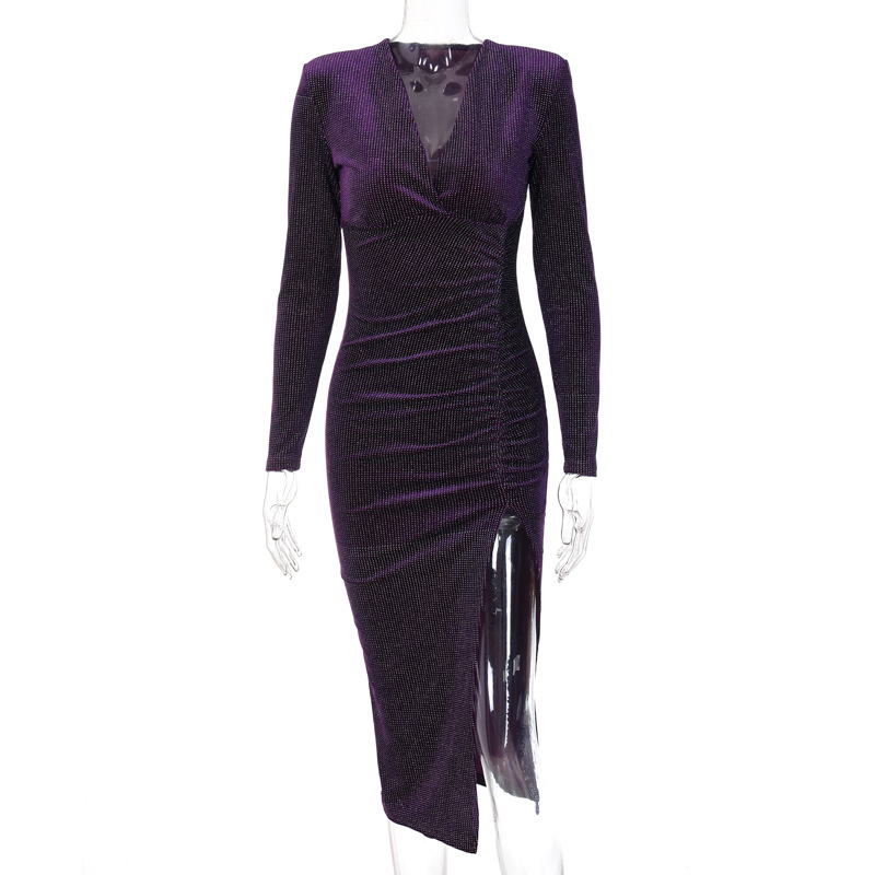 Long-Sleeved V-Neck Sequined Slit Prom Dress NSYID104909