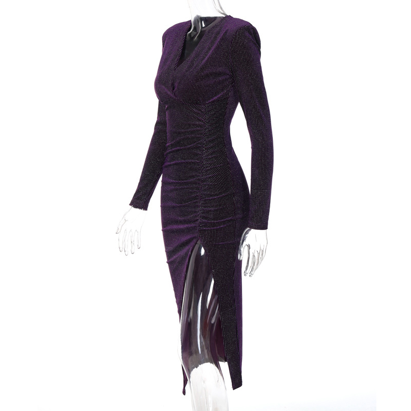 Long-Sleeved V-Neck Sequined Slit Prom Dress NSYID104909