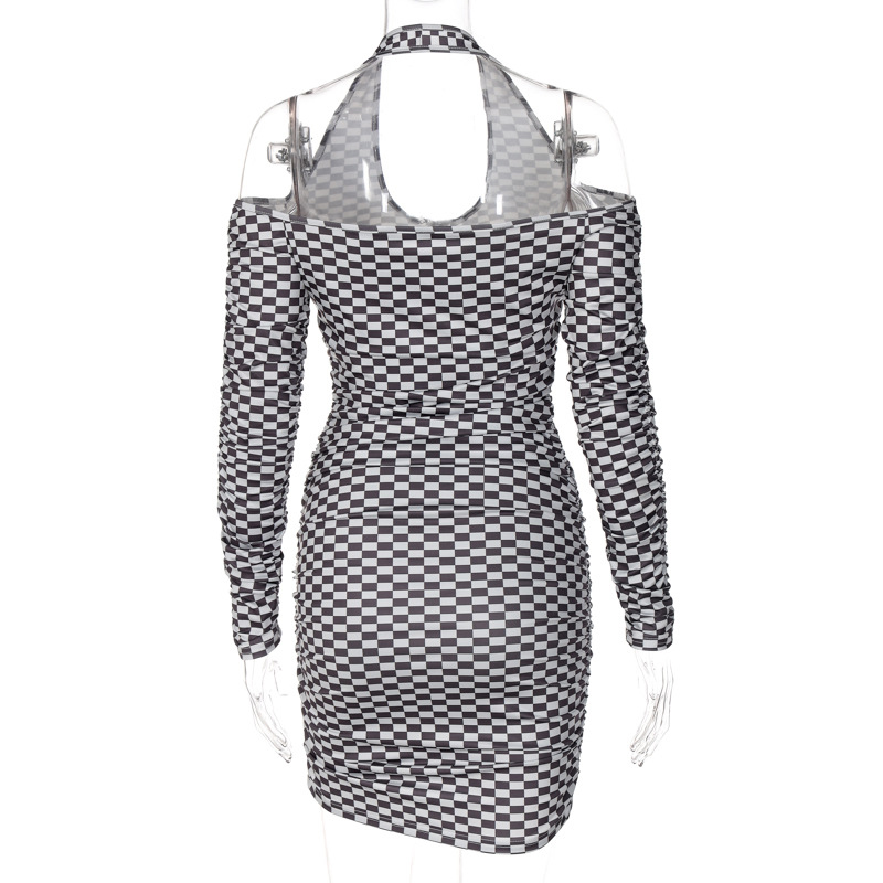 Grid Stitching Off-Shoulder Tight Dress NSYID104908