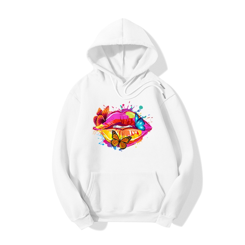 Hooded Color Butterfly Lips Print Long-Sleeved Fleece Sweatshirt NSYAY100901