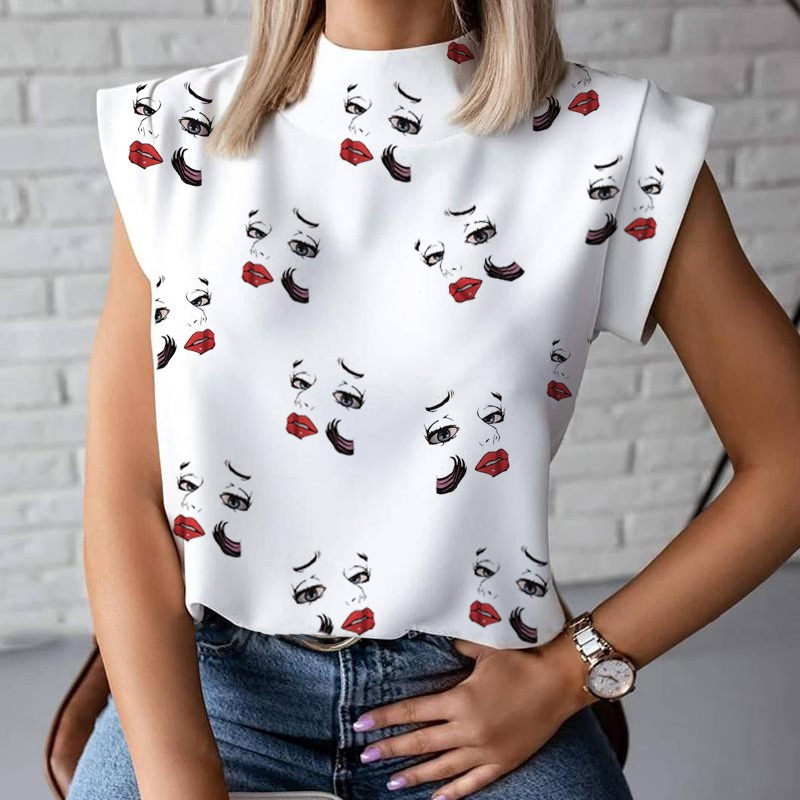 Simple Stand Collar Printed Sleeveless Ladies Shirt NSJIN60135