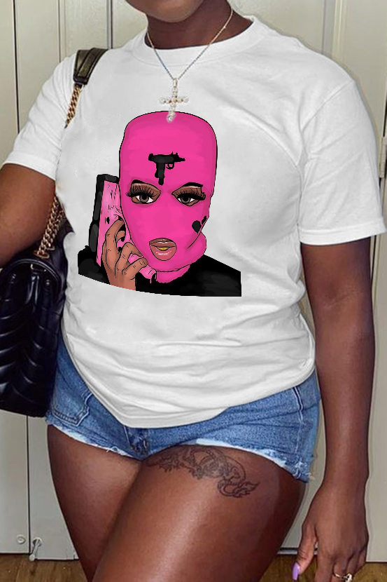 new fashion pink hood printed short-sleeved T-shirt NSAIT62544