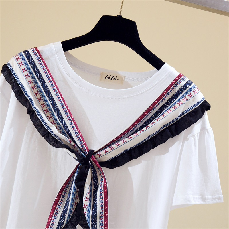 Lace-up silk scarf pure cotton white shawl short-sleeved t-shirt NSYID62612