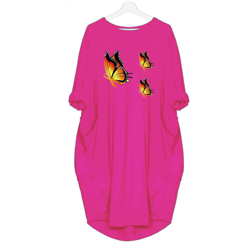 Long Sleeve Loose Round Neck Butterfly Print Midi Dress NSJIN60643