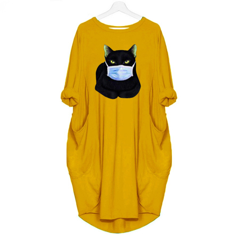 Long Sleeve Round Neck Cat Print Casual Dress NSJIN60645