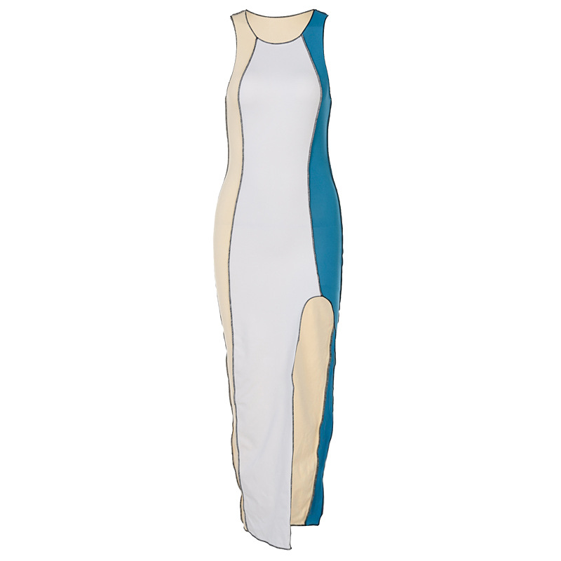 Stitching Round Neck Hitting Color Sleeveless Mid-Length Skirt NSYID64182