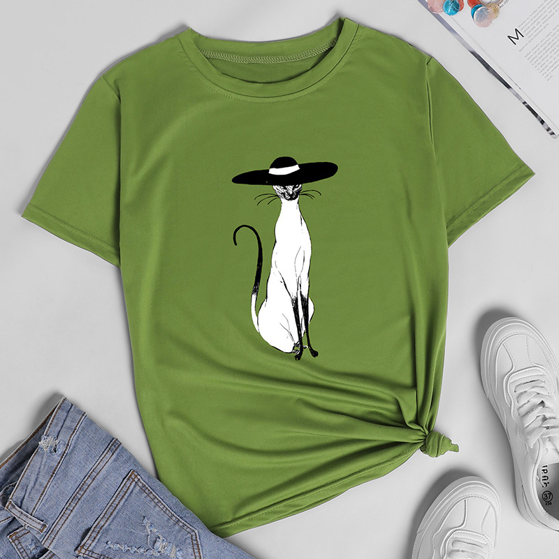Camiseta de manga corta informal con estampado de gato de dibujos animados creativos NSYAY64896