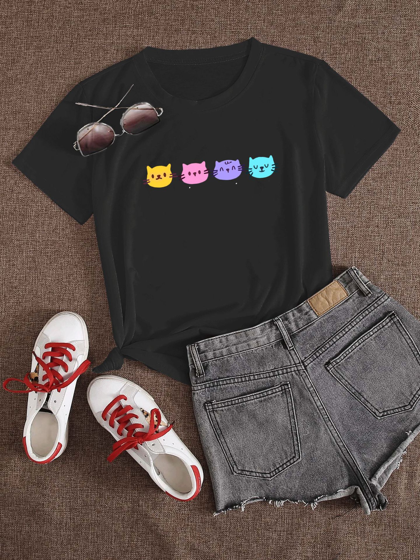 cute color cat print short-sleeved t-shirt NSAIT65220