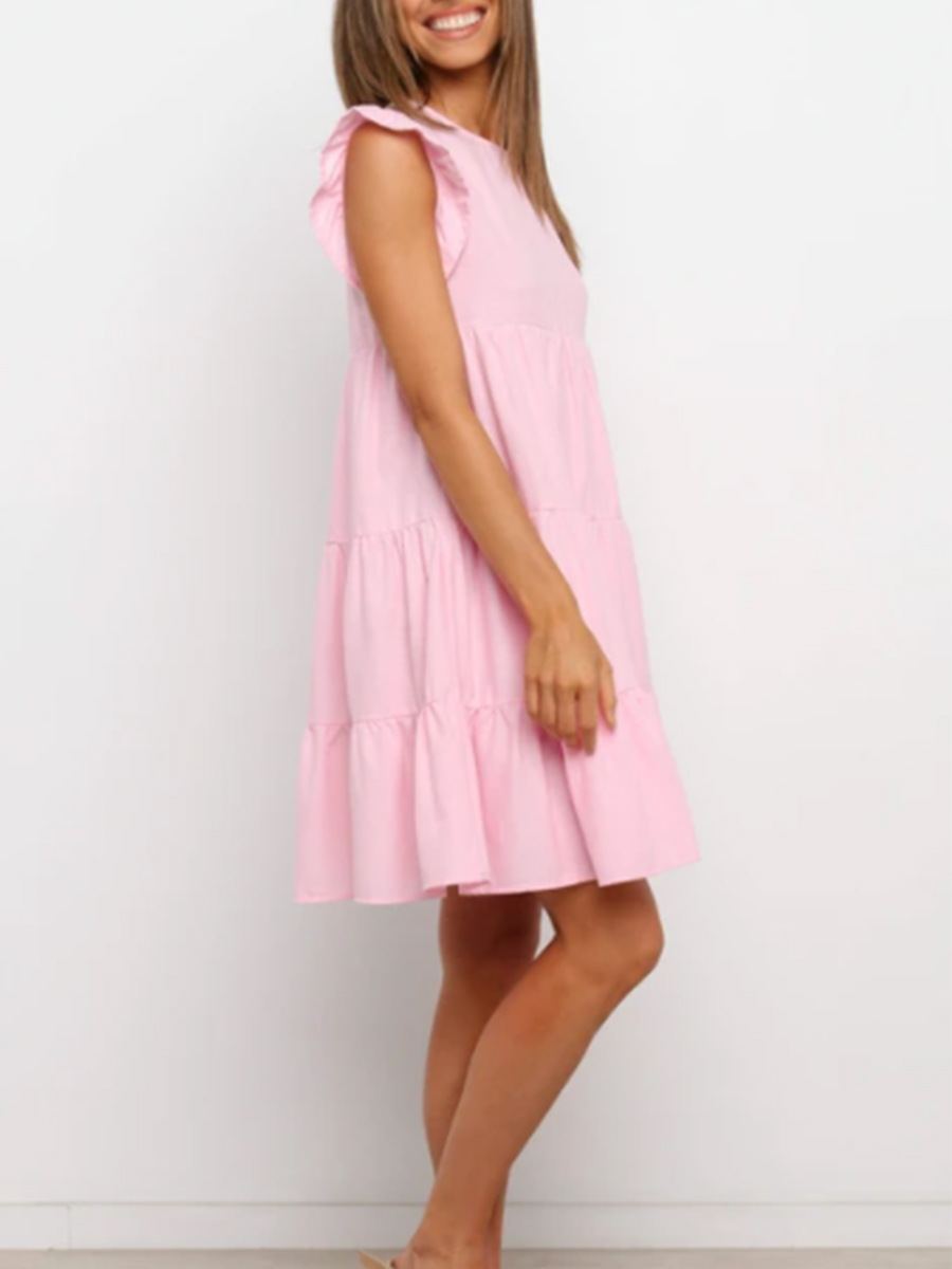 Ruffled Solid Color Round Neck Short Skirt NSOUY65215