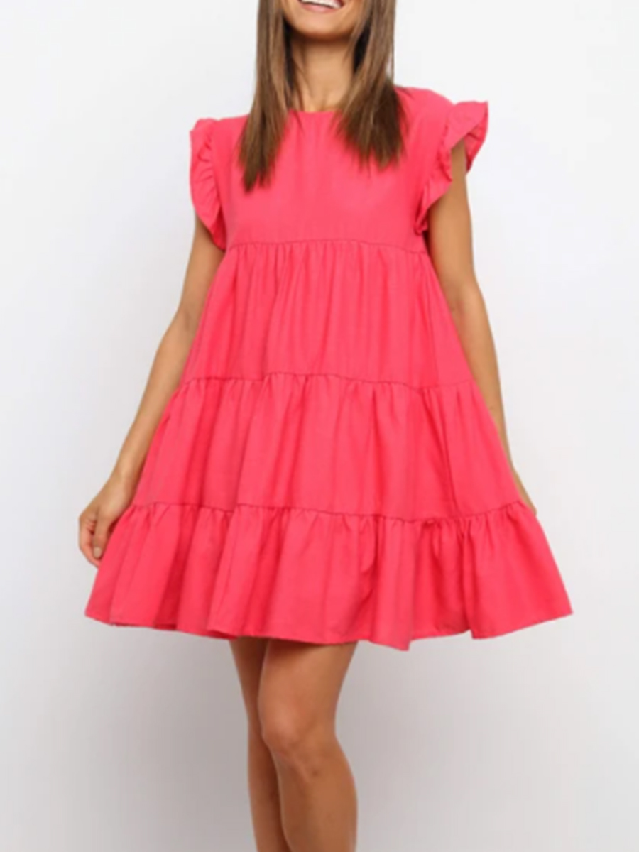 Ruffled Solid Color Round Neck Short Skirt NSOUY65215
