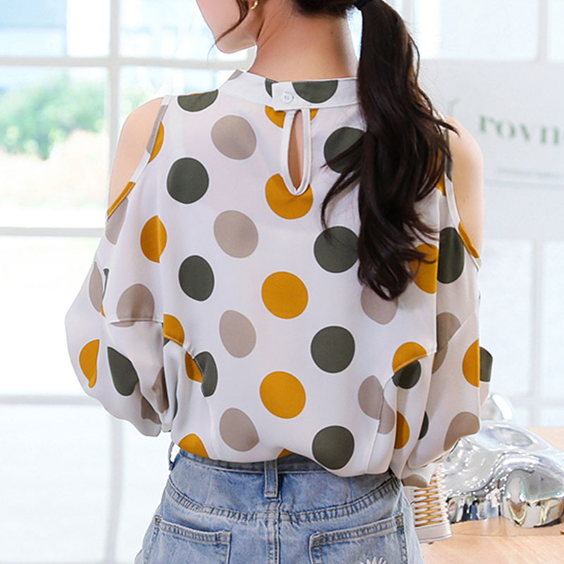 Dot Printed Loose Off-Shoulder Chiffon Shirt NSJIM65176