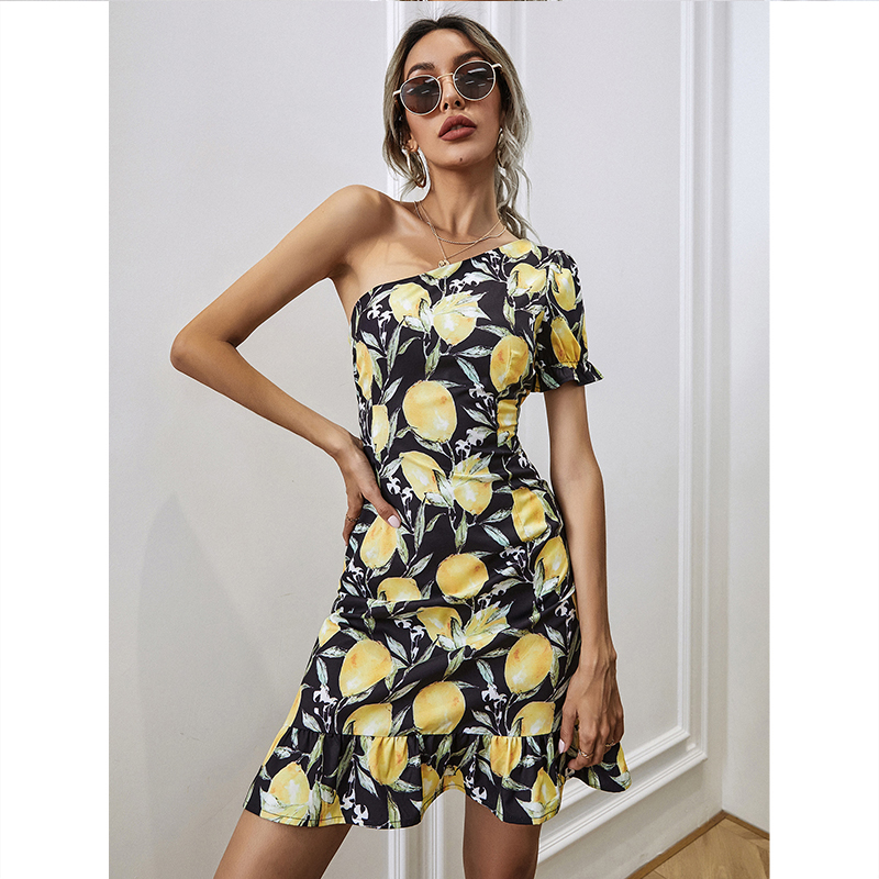 Fruit Print Ruffle Short Skirt Slanted Shoulder Design Dress NSYID60749