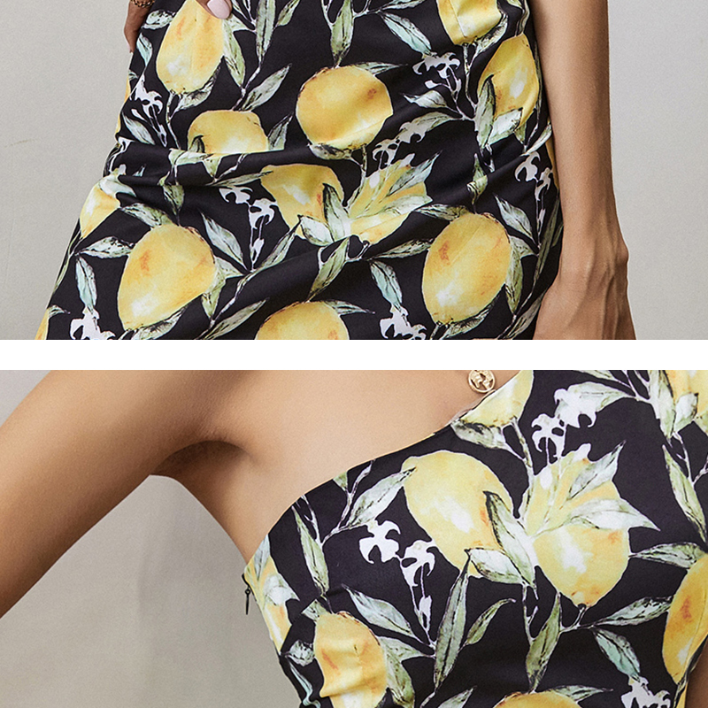 Fruit Print Ruffle Short Skirt Slanted Shoulder Design Dress NSYID60749