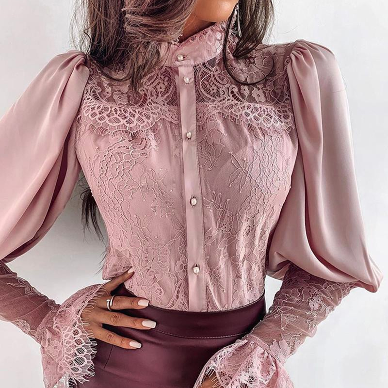 Lace Stitching Solid Color All-Match Long Sleeve Shirt NSXIA65322