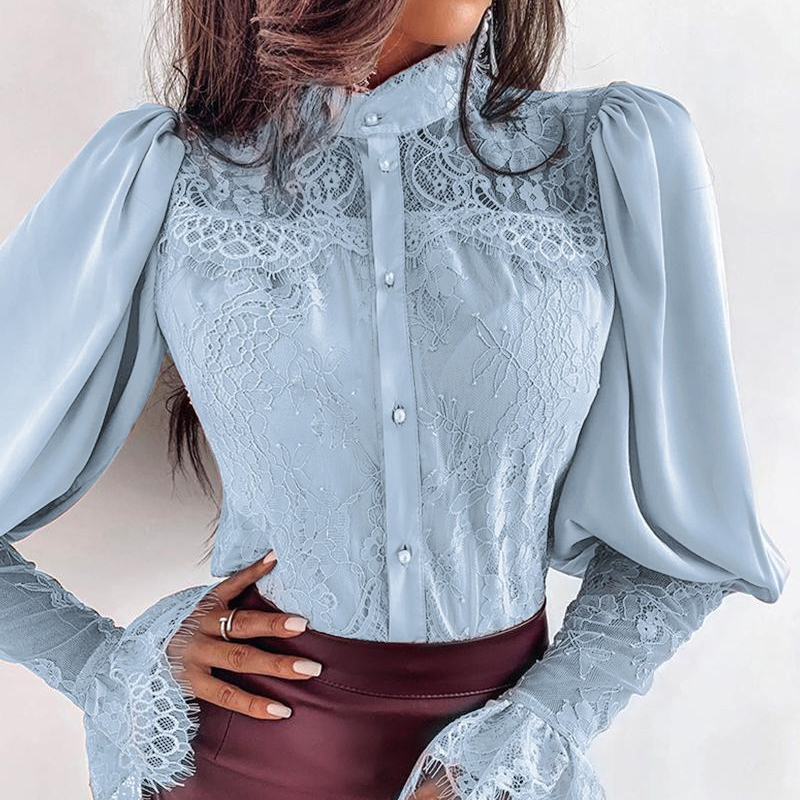Lace Stitching Solid Color All-Match Long Sleeve Shirt NSXIA65322