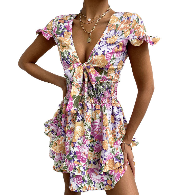 Chest Knotted Printed Ruffled V-Neck Dress NSYIS60915