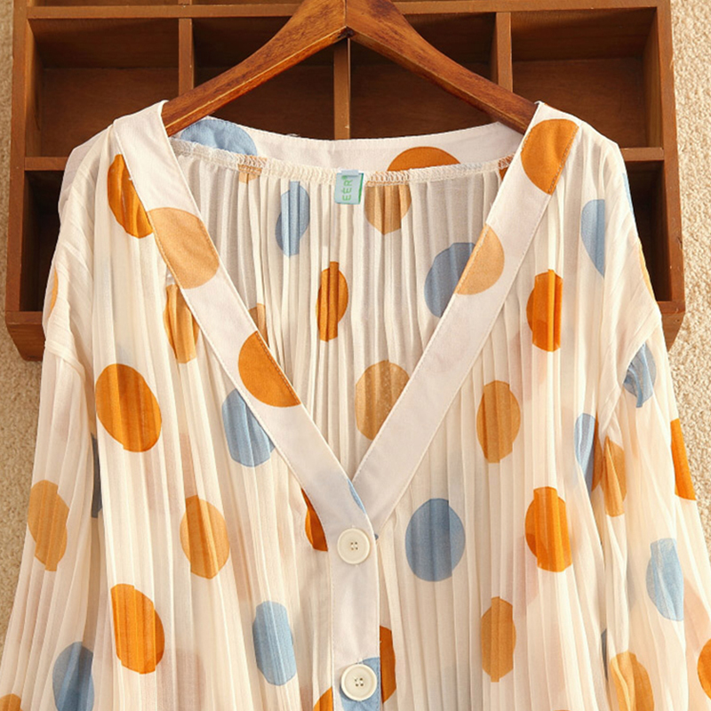 Retro leisure big polka dot pleated single-breasted chiffon shirt NSXMI61665